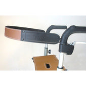 Beige Trust Care Lets Go Out Rollator back strap attached for added support, close-up view.