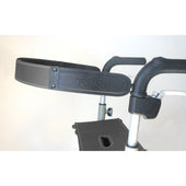 Beige Trust Care Lets Go Out Rollator back strap attached to walker handles, close-up view.