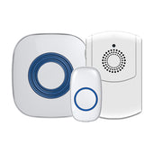 Three white Lifemax wireless doorbell and alarm devices with blue centre buttons on a plain background, front view.