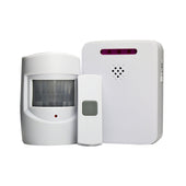 Lifemax wireless driveway monitor set with water resistant motion sensor, button, and alarm unit with speaker and lights, front view.