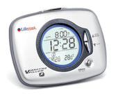 Lifemax vibration alarm clock showing digital time, date and temperature, compact design, front view.