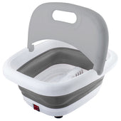 Grey and white foot spa with heater, built-in massager, large handle, and red power switch, front angle.
