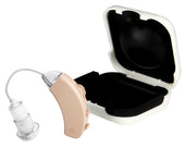 Beige Lifemax battery hearing amplifier next to open black and white carrying case on white background, top view.