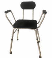 Perching stool with padded arms and back, white metal frame, four angled legs, front view.