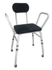 Height-adjustable white perching stool with black seat, backrest, and armrests, side view.