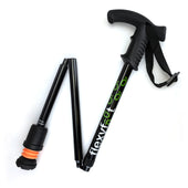 Blue Flexyfoot Derby handle folding walking stick with soft grip, wrist strap and Flexyfoot ferrule, partially disassembled, front view.