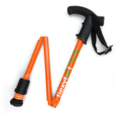 Blue Flexyfoot folding walking stick with Derby handle, soft grip, and Flexyfoot ferrule, shown partially folded, side view.