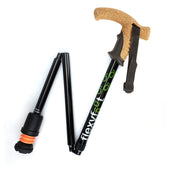Black Flexyfoot folding walking stick with cork handle, strap and Flexyfoot ferrule, partially folded, side view.
