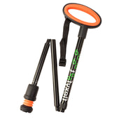 Black Flexyfoot folding walking stick with oval handle, strap, Flexyfoot ferrule and rubber foot, front view.