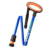 Red Flexyfoot folding walking stick with oval handle, wrist strap and Flexyfoot ferrule, side view.