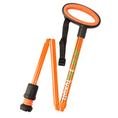 Red Flexyfoot folding walking stick with oval handle and black ferrule, shown partially collapsed, angled side view.