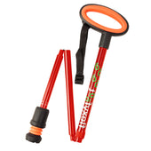 Red Flexyfoot folding walking stick with oval handle and Flexyfoot ferrule, side view.