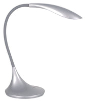 Silver LED desk light with a flexible gooseneck and wide flat head, modern design, side view.