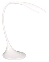 Silver LED desk light with flexible curved neck and round base, high vision design, front view.