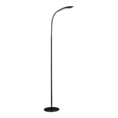 Black LED floor lamp with slim stand, curved neck, oval light and round base, modern design; front view.
