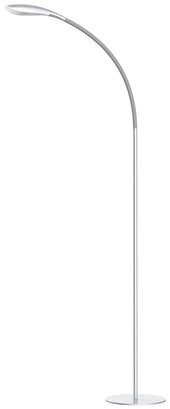 Slim white LED floor lamp with a curved metal stem, flat base and upward-facing light, front view.