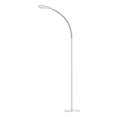 Slim white LED floor lamp with a curved metal stem, flat base and upward-facing light, front view.