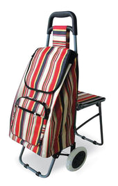 Lifemax Leisure Trolley with seat, two wheels, and vertical red, black and beige stripes, front view.