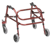 Children’s four-wheeled walking aid in Castle Red, height adjustable frame, front view.