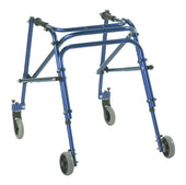 Childrens red four-wheel walking aid for mobility support, front view.