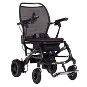 Drive Airfold carbon fibre powerchair with mesh backrest, padded seat, joystick and four wheels, front angle view.