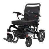Drive AutoFold Powerchair in black with armrests, footrest, joystick control and large rear wheels on white background, front angle.