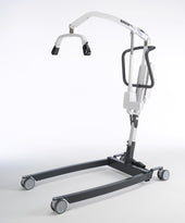 White and black Invacare Birdie EVO hoist with wheels for moving people with limited mobility, side view.