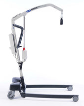 White and grey Invacare Birdie EVO XPlus hoist with wheels and arched lifting arm, side view.
