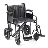Drive Sentra Transit Wheelchair with large rear wheels, steel frame, footrests and padded seat and backrest, side view.