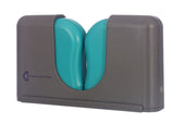 Dropmenot Walking Aid Holder in dark grey and light grey with teal curved sections holding walking sticks, front view.