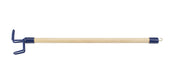 Wooden dressing stick with metal hook and prongs, assistive device on a white background, front view.
