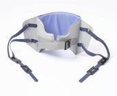 Grey and blue support belt with adjustable straps and clips for standing transfers, side view.