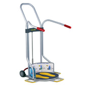 Silver and yellow patient transfer aid with handles, wheels, knee support and rotating base, front view.