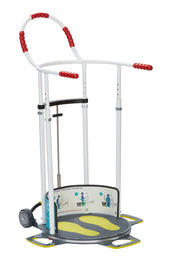 White and red height adjustable patient transfer aid with handles, base platform, wheels, and lower panel instructions, front view.
