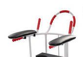 Rotunda exercise machine with vertical handle arm supports and padded black armrests, close-up view.