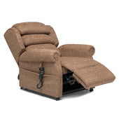 Coffee-coloured dual motor tilt-in-space chair with extended footrest, pocket sprung seat and wired remote, front angle view.