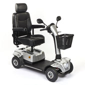 Motion Healthcare eMove 8 mobility scooter with four wheels, rotating captain’s seat, armrests and front basket, side view.