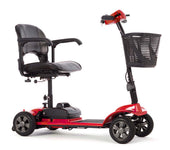 Black eTravel Scooter with black seat, armrests and front basket on a white background, side view.