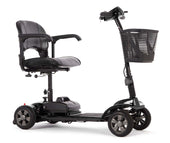 Black eTravel mobility scooter with armrests, cushioned seat and front basket, side view.