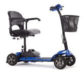 Black eTravel Scooter with cushioned seat, armrests and front shopping basket, side view.