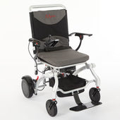 Photon carbon fibre powerchair with joystick control, black seat, silver frame and battery, front angle.