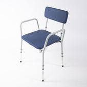 NRS Dovedale height adjustable commode with metal armrests and legs on a white background, front view.