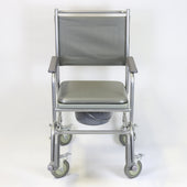 Height adjustable wheeled commode with armrests, padded seat, removable bucket and adjustable legs on a white background, front angle.