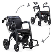Rollz Motion Electric rollator, open and folded upright with folding arrows and joystick control, front view.