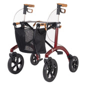 Saljol Allround Rollator with mesh bag and ergonomic wooden handles, lightweight aluminium walker, front view.