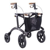 Saljol Allround rollator with four large wheels, mesh bag, and ergonomic handles with brakes, front view.