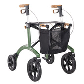 Saljol Allround Rollator lightweight aluminium walker with four large wheels, mesh bag and ergonomic handles, side view.