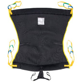 Black recline sling with yellow trim and coloured edge loops, made from fabric, laid flat on a white background, top view.