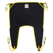 Universal poly sling with yellow trim, coloured loops, wide leg sections, laid flat on a white background, top view.