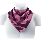 Blue junior neckerchief style dribble bib on a mannequin, white background, front view.